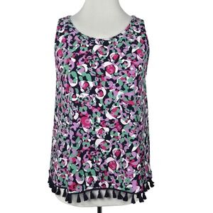 Cappagallo Floral Stretch Knit Sleeveless Tassel-Hem Top Size Medium M